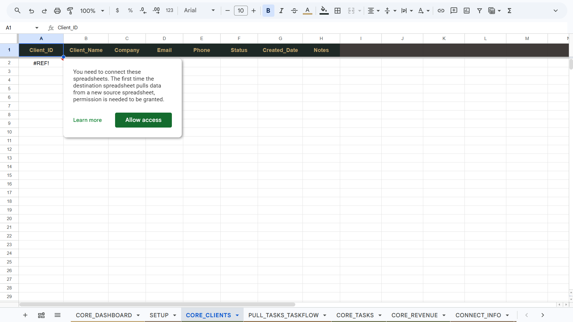 Google Sheets authorization message with the Allow access button