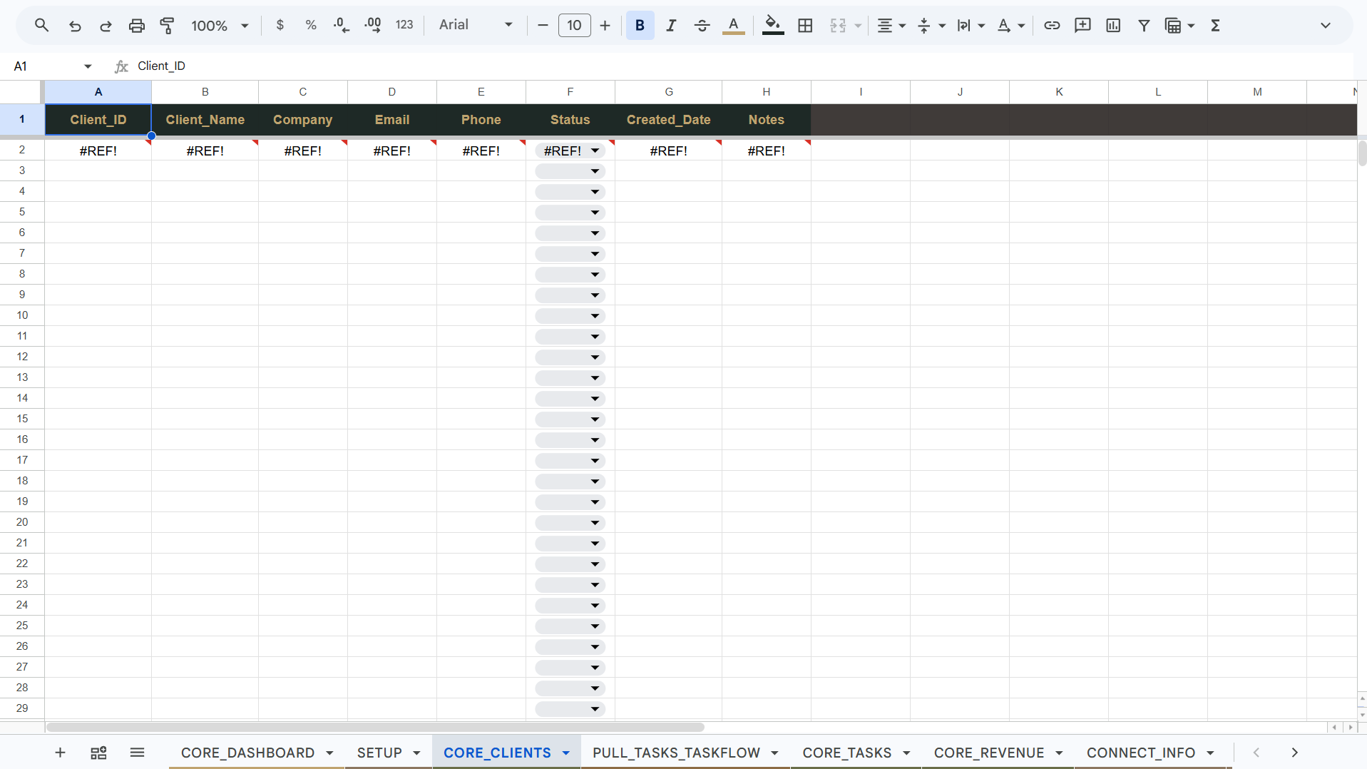 BusinessCORE CORE_CLIENTS tab showing REF errors before authorization