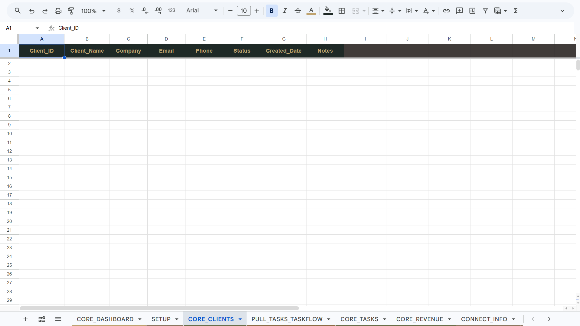 BusinessCORE CORE_CLIENTS tab showing a clean empty area after authorization